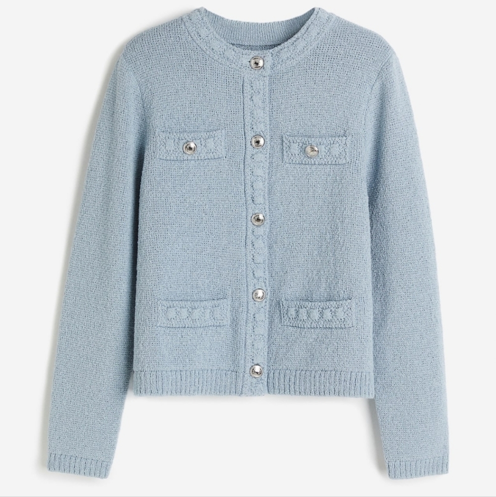 H&M Textured Knit Light Blue Cardigan Cottagecore Grannycore Cozy Button Up Sz M